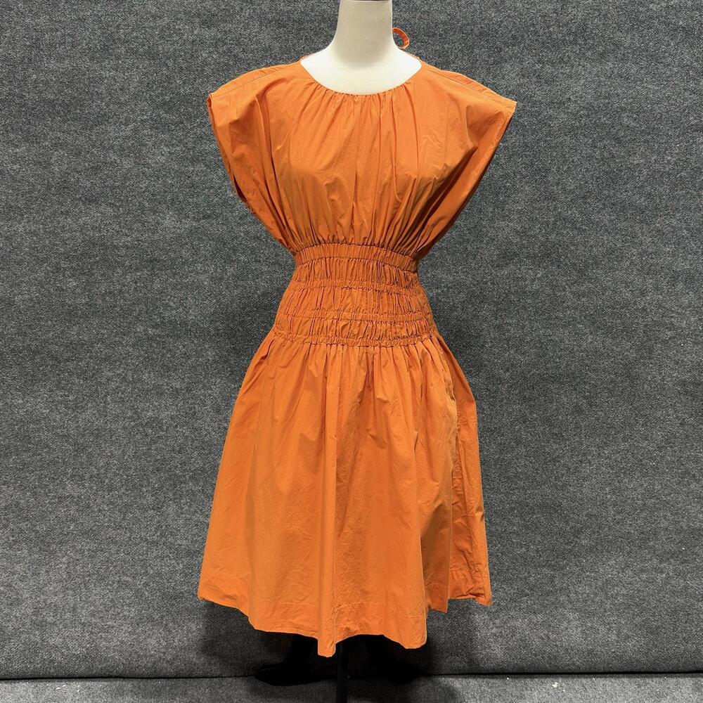 Eudon Choi Dress Womens 6 Orange Smocked Waist Cap Sleeve Midi Cotton Sundress